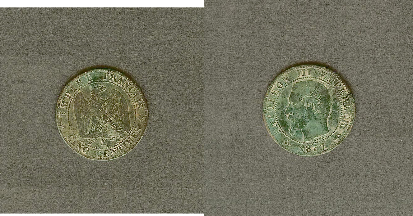 Cinq centimes Napoléon III, tête nue 1857 Paris TB+ à TTB